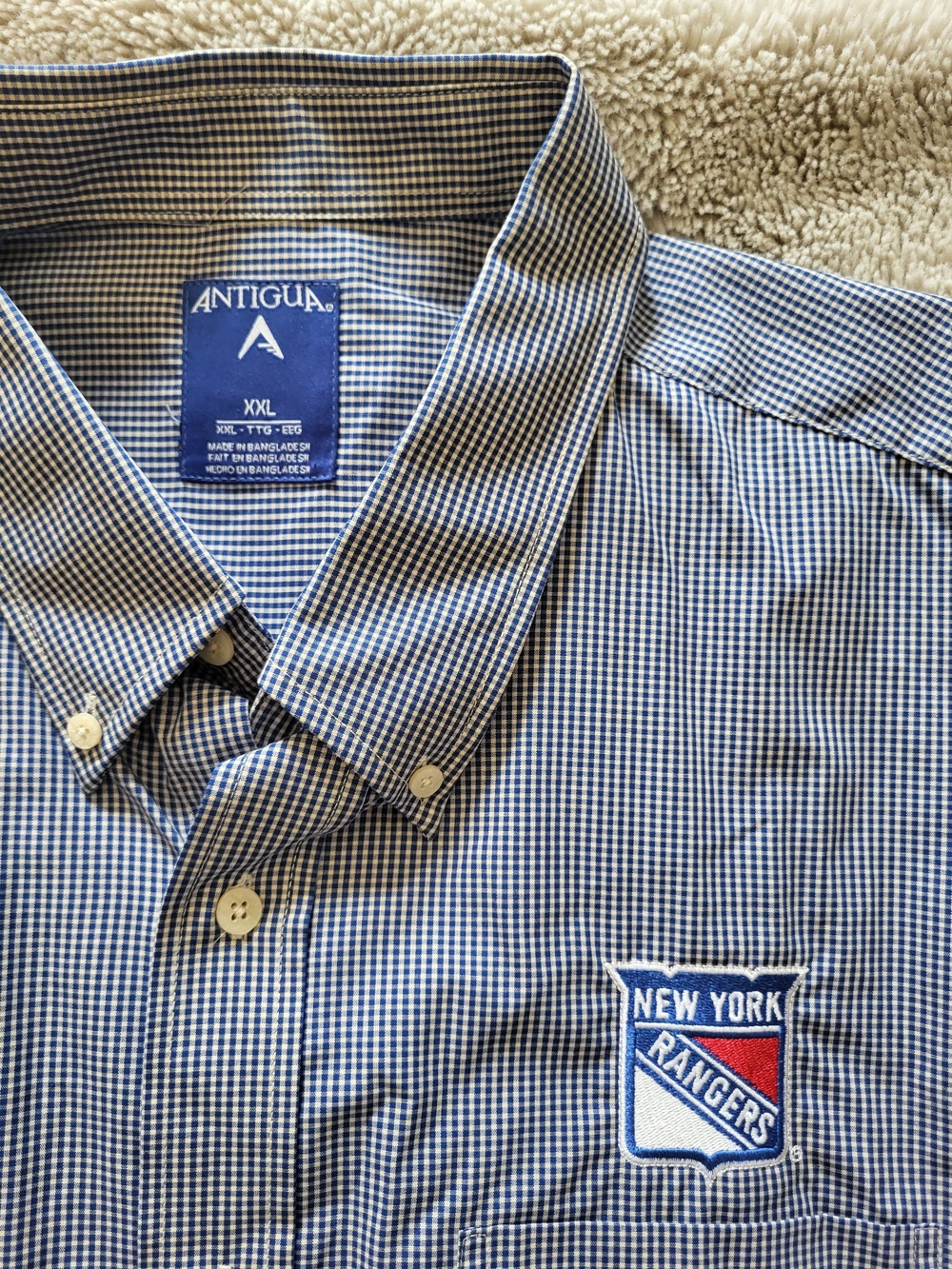 Antigua Men's Blue and White Checked Button-Down Shirt with Rangers Patch